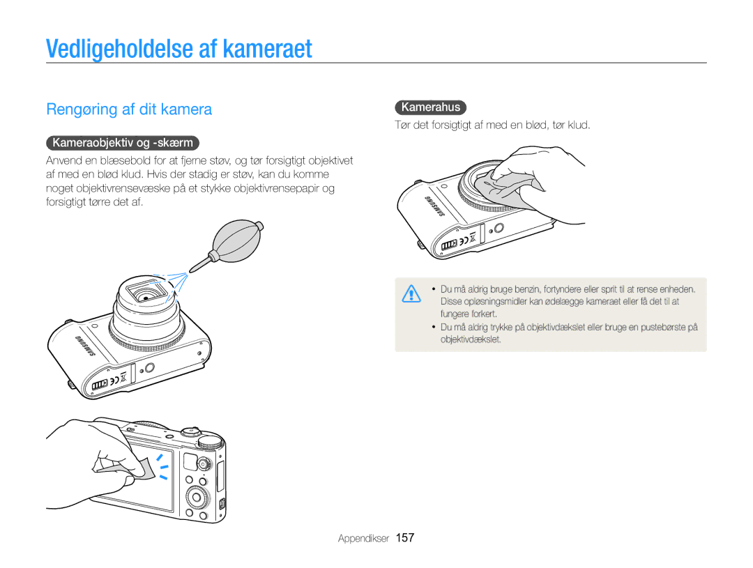 Samsung EC-WB850FBPBE2 manual Vedligeholdelse af kameraet, Rengøring af dit kamera, Kameraobjektiv og -skærm , Kamerahus  